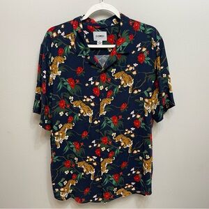 Como Man Floral Tiger Print Men's Navy Button Up Shirt